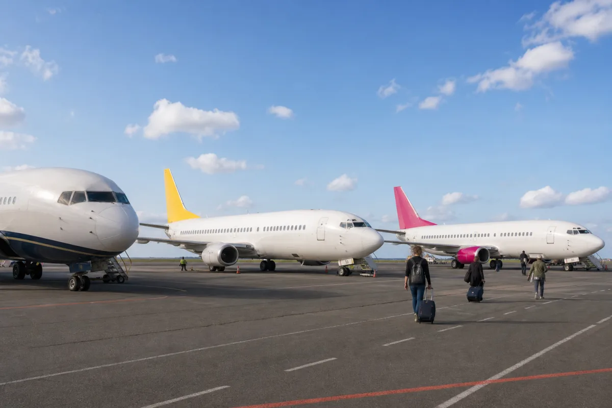 Tre lågprisflygplan uppställda på ramp med olika bolagsloggor