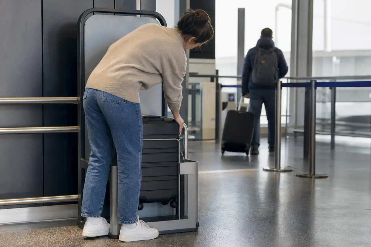 Passagerare mäter sin kabinväska mot mätramen vid gaten