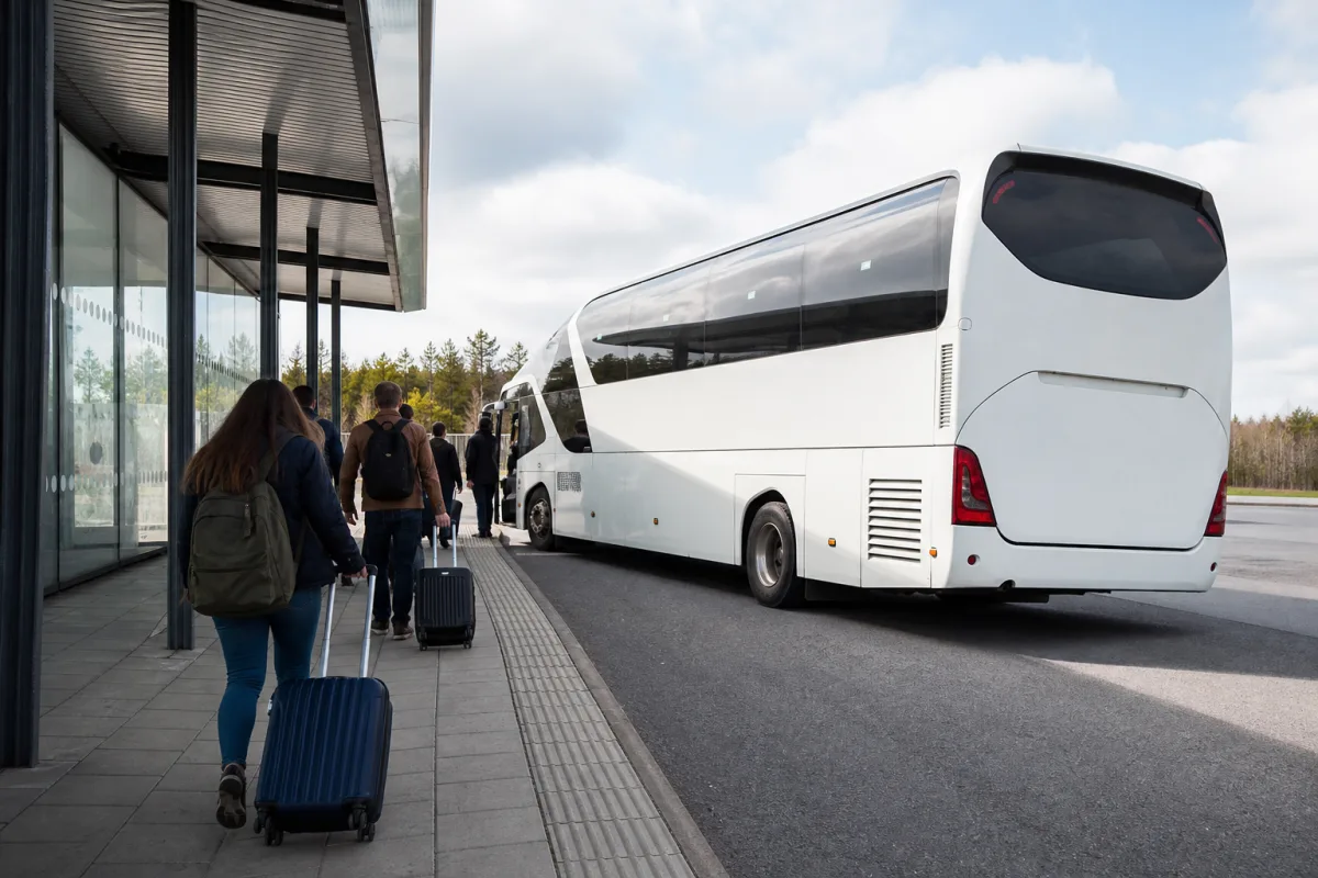 Flygbuss utanför terminalen på Stockholm Skavsta flygplats