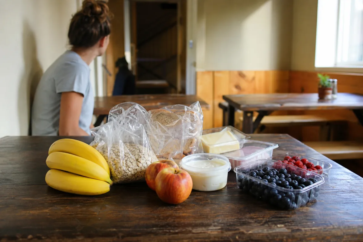 Frukost inhandlad i en lokal matbutik uppradad på ett hostellbord
