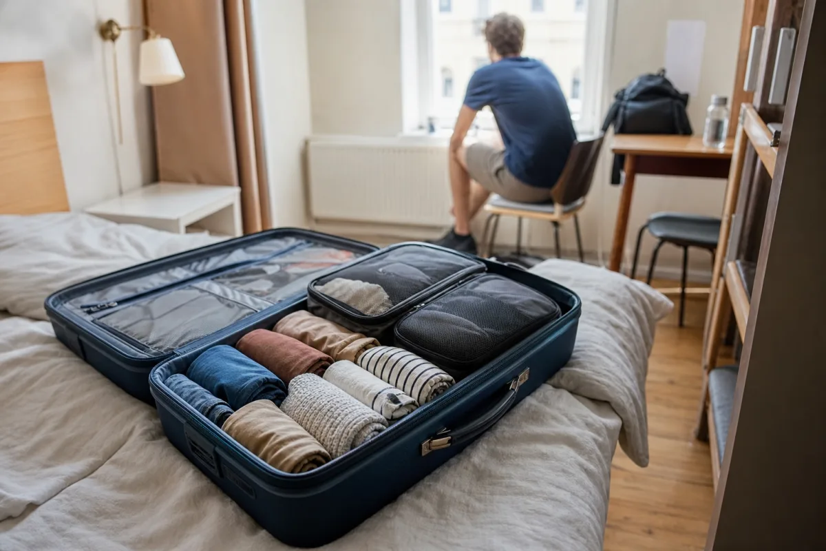 Öppen kabinväska med hoprullade kläder och packningskuber