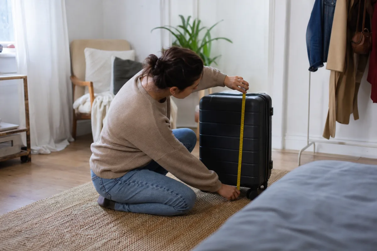 Resenär mäter sin kabinväska med ett måttband innan avresa