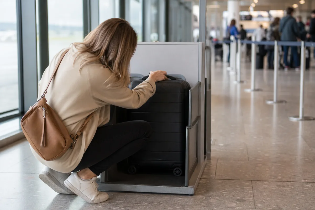 Resenär vid gate kollar handbagage mot mätram