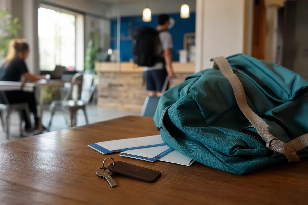 Ryggsäck och hostelnyckel bredvid boardingkort på ett bord