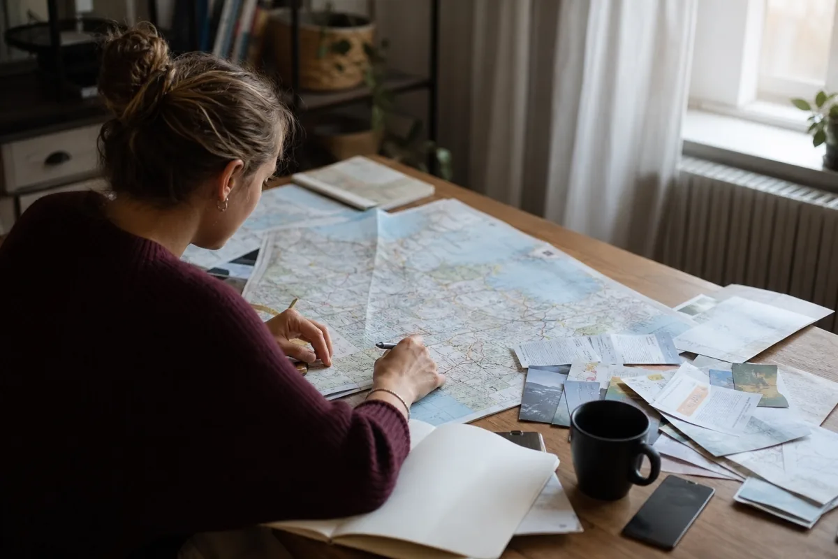 Student planerar en Europarutt på karta med tåg- och flygbiljetter utspridda på bordet