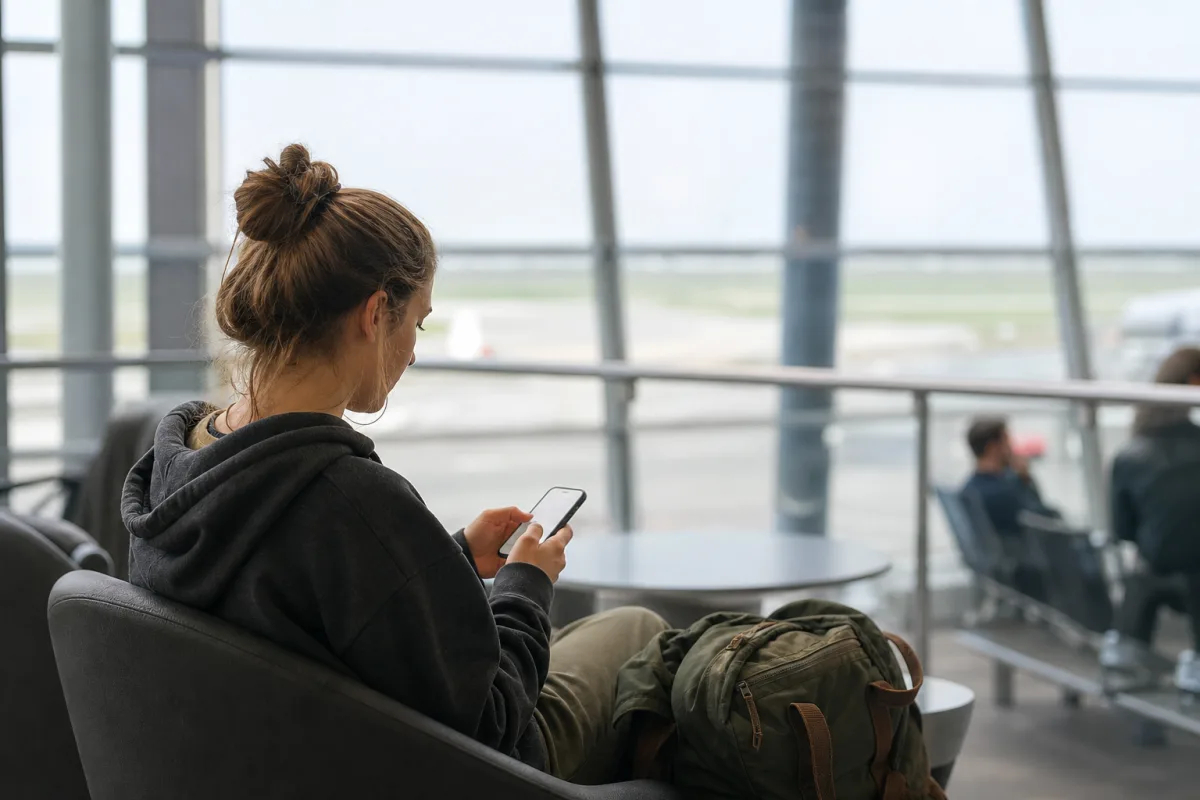 Student installerar en eSIM-profil i telefonen på flygplatsen med wifi