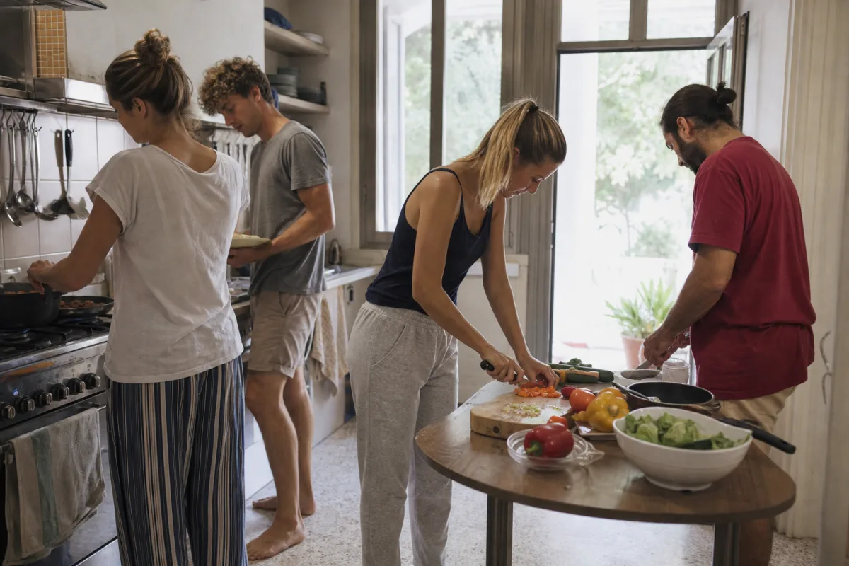 Studenter lagar mat tillsammans i ett delat hostelkök
