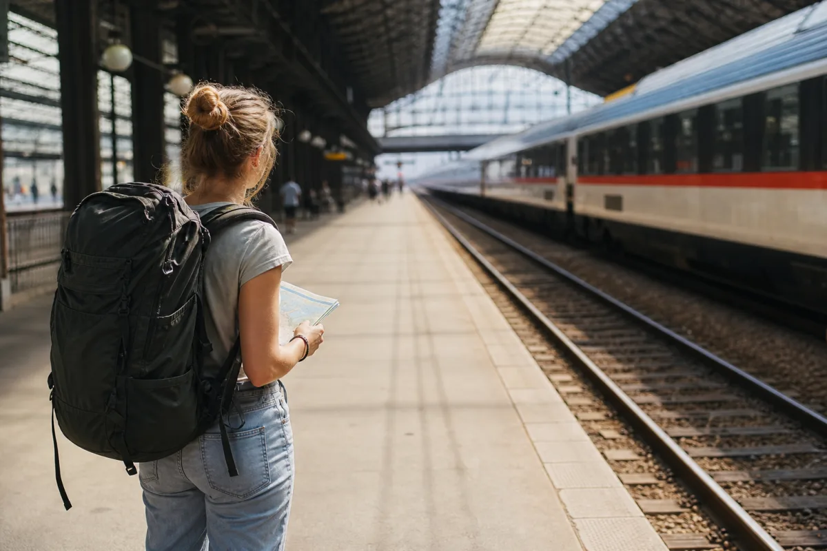 Ung resenär med ryggsäck och interrailpass på en tågperrong i Europa