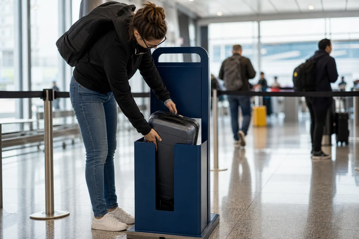 Handbagage mäts mot en mätram för lågprisbolag innan incheckning