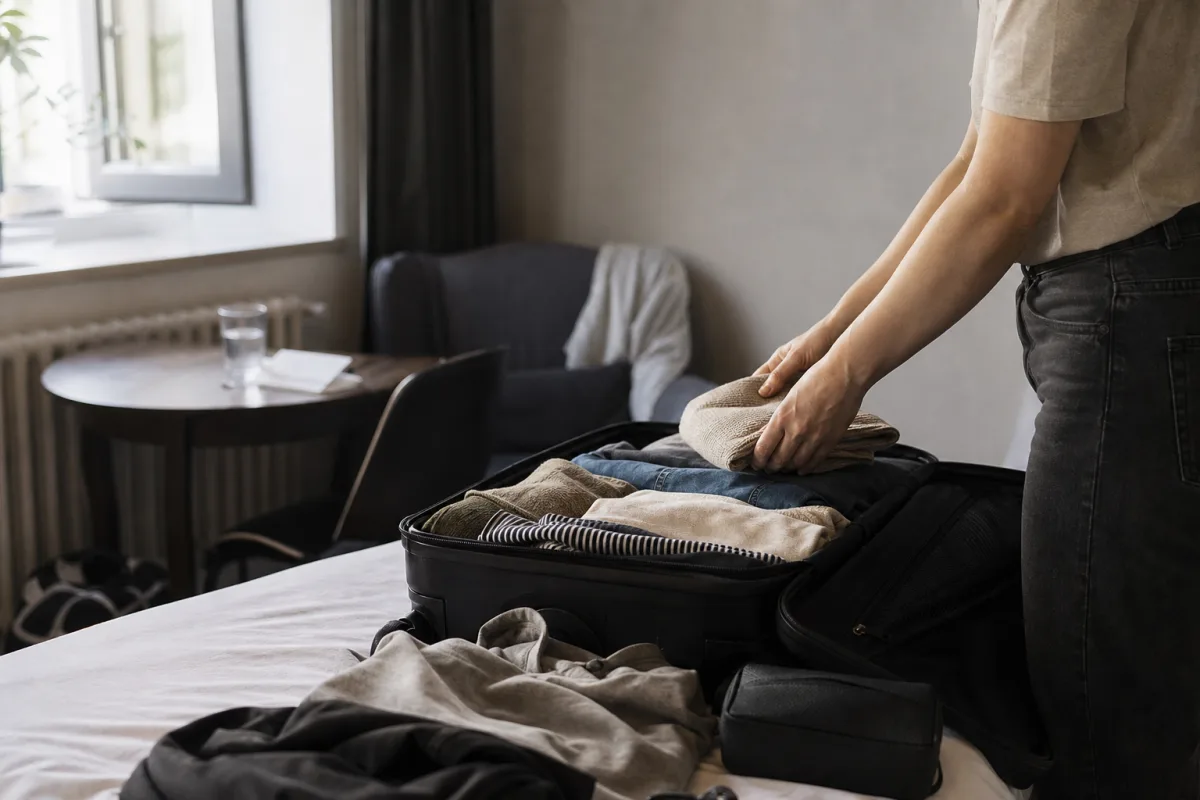 Väska packas inför en kort helgresa, boardingkort på bordet