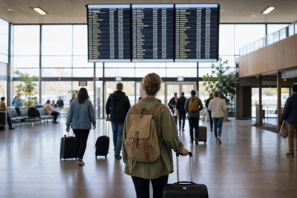 Ankomsthall på en liten regional flygplats med informationstavla