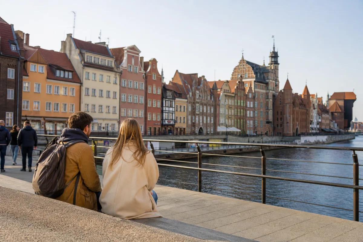 Gamla stan i Gdansk med färgglada husfasader vid vattnet