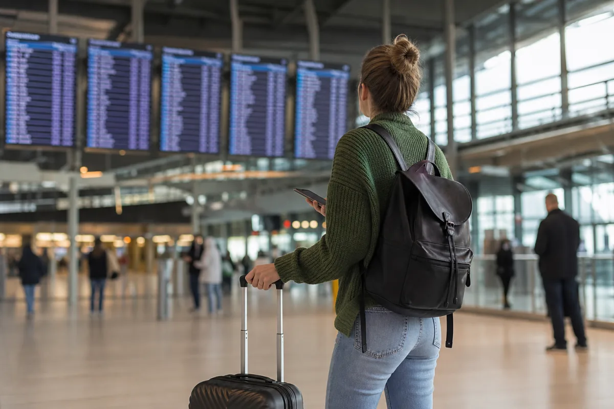 Anslutningsresenär kollar avgångstavla i en flygplatsterminal